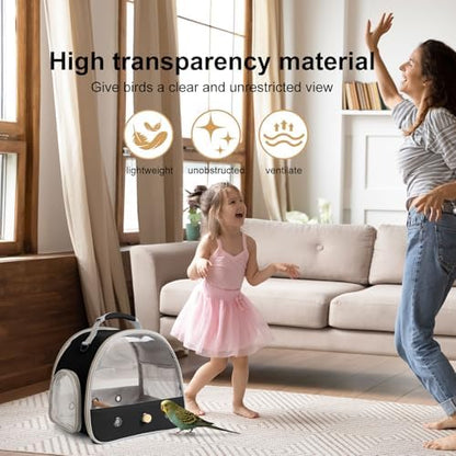 Bird Travel Carrier, Portable Small Bird Parrot Parakeet Carrier with Standing Perch and Mat, Side Access Window Collapsible (Black, Clear Windows)