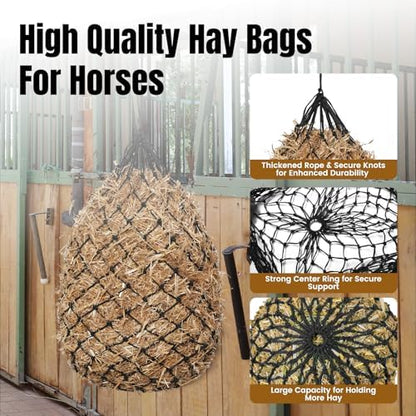 Slow Feed Hay Nets for Horses, 2 Pack, 40 Inch, 2 Inch Holes,Black