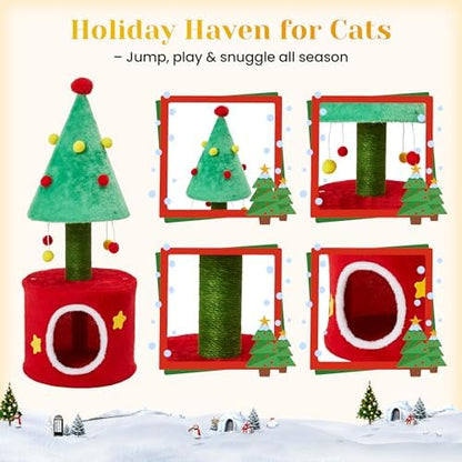 32" Cat Tree Tower for Indoor Cats, Small Cat Tree with Sisal Scratching Posts, Plush Cat Bed, and Climbing Tower for Kittens and Adult Cats, Green & Red
