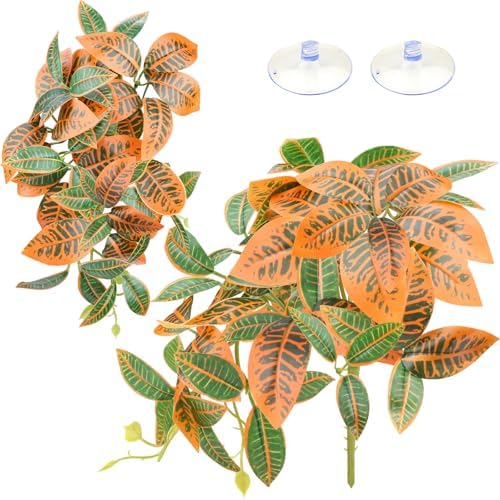 QUOZUO 2 Pack Reptile Plants, Artificial Hanging Plants with Suction Cups, Habitat Decor Plastic Vines Decorations for Bearded Dragons Lizards Snake Geckos Frogs -Gold