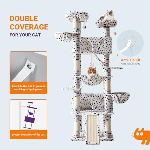 Allewie 81 Inches Tall Cat Tree/Multi-Level Large Climbing Tree House and Towers for Big Feline/Condo and Hammock/Scratching Post/Wide Base/White & Black Spot