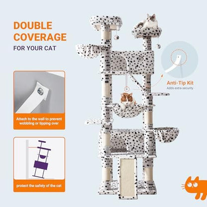 Allewie 81 Inches Tall Cat Tree/Multi-Level Large Climbing Tree House and Towers for Big Feline/Condo and Hammock/Scratching Post/Wide Base/White & Black Spot