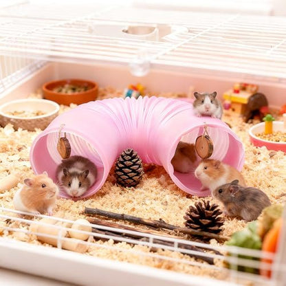 Guinea Pig Toys Kit with Pink Hamster Fun Plastic Tunnel Small Animals Chew Toys with Natural Timothy Hay Chips, 30 Pcs Hamster Cage Accessories for Gerbils, Rats, Mice, Ferrets (Pink)