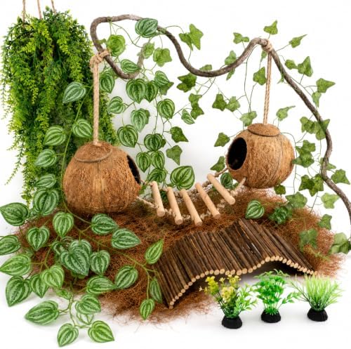 RUNANIA Crested Gecko Tank Accessories, Reptile Hanging Plants Vines with Natural Double Coconut Hideout & Climbing Ladder Decor for Hermit Crab Lizard Leopard Gecko Chameleon Snake Terrarium Decor