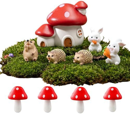 10 PCS Fairy Garden Accessories Miniatures Set, Resin Mushroom House, Woodland Animal Hedgehog & Bunny Figurines for Terrarium, Moss Bonsai, Outdoor Planter Decor