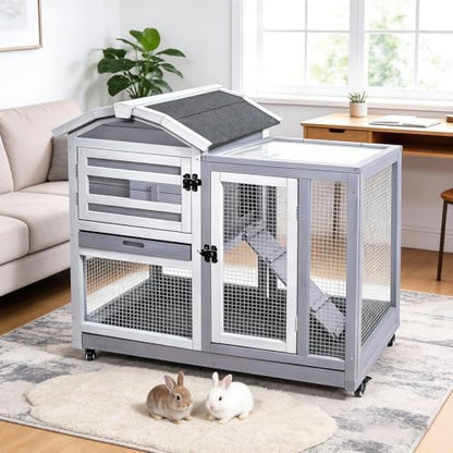 GEGURI Wooden Rabbit Hutch, Indoor Outdoor Chicken Coop Bunny Cage with Waterproof Roof