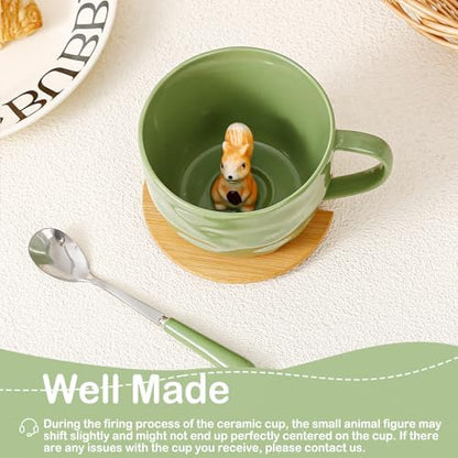 Squirrel Gifts for Women Men Cute Squirrel Ceramic Mug Hidden 3D Animal Inside Unqiue Coffee Mug Tea Cup with Lid Spoon Cool Stuff Home Decor Christmas Birthday Gifts for Her Friends Sisters Besties