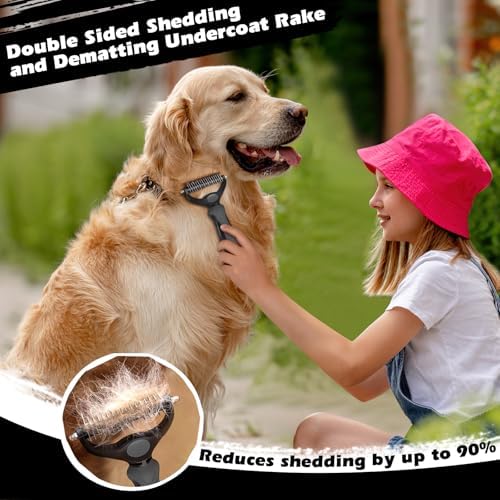 Professional 3PCS Self Cleaning Slicker Brush & Pet Grooming Rake & Flea Comb for Dogs,Cats and Horses | Double-Sided Dematting Comb & Skin Friendly Deshedding Grooming Tool | Pet Supplies (Grey)