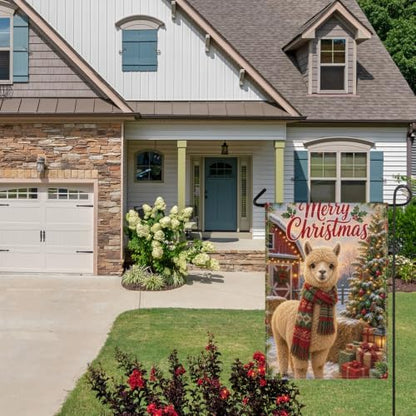 Christmas Llama House Flag 28x40 Inch Merry Holiday Alpaca Scarf Barn Tree Gifts Snowy Rustic Farmhouse Outdoor Yard Lawn Porch Double Sided Banner Winter Welcome Decor