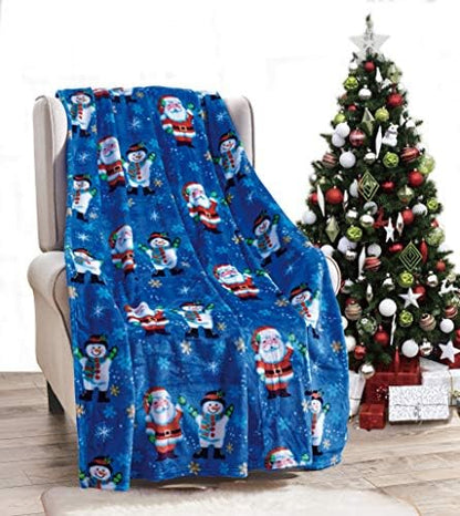 Valerian Luxury Velvet Super Soft Light Weight Blanket Prints Fleece Throw - All Year Round Home Decor, Fuzzy Warm and Cozy Throws, Couch and Gift, 50 x 60inch, Blue Santa Snowman