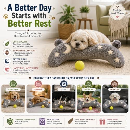 Glow in The Dark Pet Pillow with Tennis Ball – Cozy Calming Cushion with Soft Night Sky Design, Washable Headrest & Body Pillow for Small Dogs & Cats, L Size 15" × 9.5" × 3.1"
