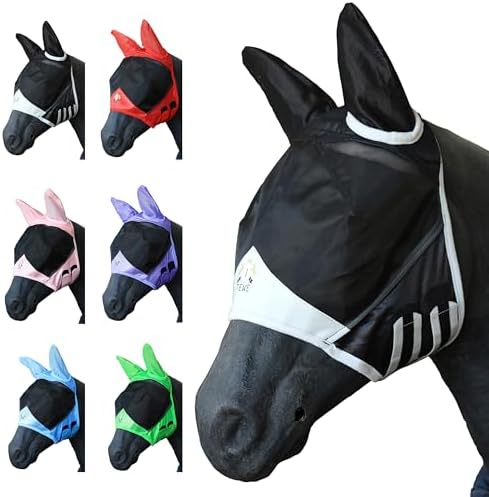 T TEKE Fine Mesh Horse Fly Mask w/Ears, UV Blocking 3D Eye Visor with Extra Fleece Cushioned Forehead, Protection from Insect Pests