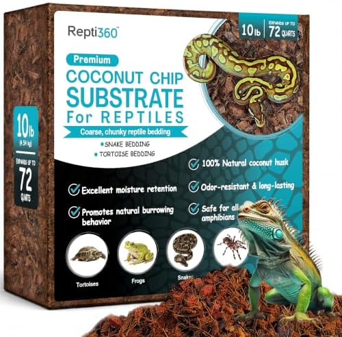 Premium Coconut Chip Substrate for Reptiles – 10 LB Block in Carton Box, Expands to 72 Quarts – Natural & Dust-Free Coco Husk Bedding for Ball Python, Bearded Dragon, Tortoise & Gecko