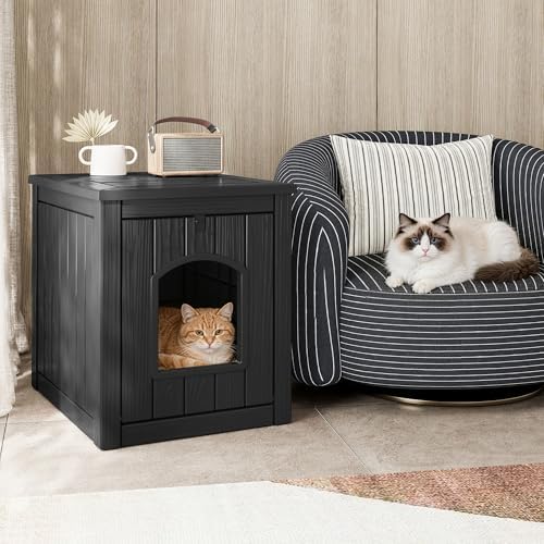 Cat Litter Box Enclosure, Openable Front Door Outdoor Enclosed Cat Litter Box, Outdoor Cat House Weatherproof Raised Floor, Easy to Clean, Black