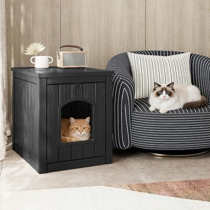 Cat Litter Box Enclosure, Openable Front Door Outdoor Enclosed Cat Litter Box, Outdoor Cat House Weatherproof Raised Floor, Easy to Clean, Black