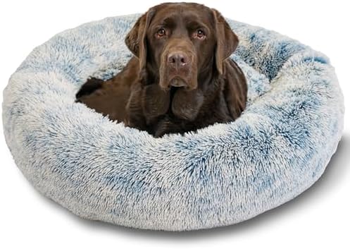 Best Friends by Sheri The Original Calming Donut Dog Bed for Large Dogs up to 100 lbs, Shag Faux Fur, Denim Blue, 36" x 36"