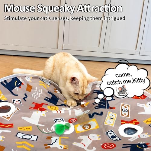 Cat Toys for Indoor Cats, Interactive Ball & 9 Holes Play Mat, Hide-n-Seek Exercise Game, Automatic Ball in Pouch, Mouse Squeaky Stimulating Toy, Motion Activated Kitten Enrichment Toys