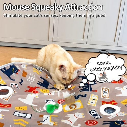 Cat Toys for Indoor Cats, Interactive Ball & 9 Holes Play Mat, Hide-n-Seek Exercise Game, Automatic Ball in Pouch, Mouse Squeaky Stimulating Toy, Motion Activated Kitten Enrichment Toys