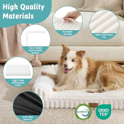 COZY KISS Faux Rabbit Fur Large Dog Bed – 44"x32" Orthopedic Foam Couch with Sides, Removable Washable Cover & Waterproof Lining, Cream