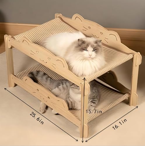 Cat Bunk Bed with Sisal Scratcher & Hammock - 2 Tier Heavy Duty Double Decker Wooden Cat Furniture for 2 Indoor Cats, Sturdy Anti-Tipping Bed Fits Large Cats Up to 30+ Lbs