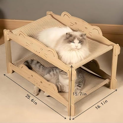 Cat Bunk Bed with Sisal Scratcher & Hammock - 2 Tier Heavy Duty Double Decker Wooden Cat Furniture for 2 Indoor Cats, Sturdy Anti-Tipping Bed Fits Large Cats Up to 30+ Lbs