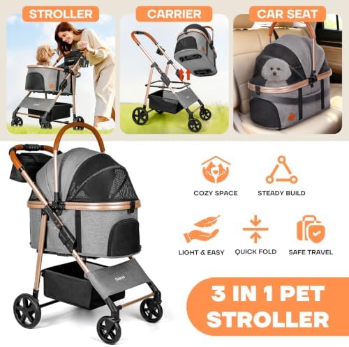 Dog Cat Stroller for Small/Medium Pets, 50 lbs, 3-in-1 Pet Stroller, Grey