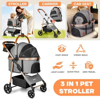 Dog Cat Stroller for Small/Medium Pets, 50 lbs, 3-in-1 Pet Stroller, Grey