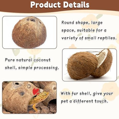 PINVNBY Natural Coconut Reptile Hideouts Lizard, Coco Hut Hermit Crab Hut Aquarium Fish Hide Cave for Small Reptile Crested Gecko Leopard Gecko Spider Snail Climber Toys (4 PCS Natural Surface)