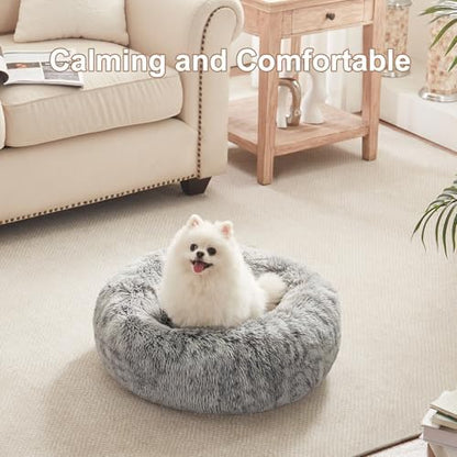 23 inches Faux Fur Fluffy Donut Dog Bed for Small Dogs,Dark Grey