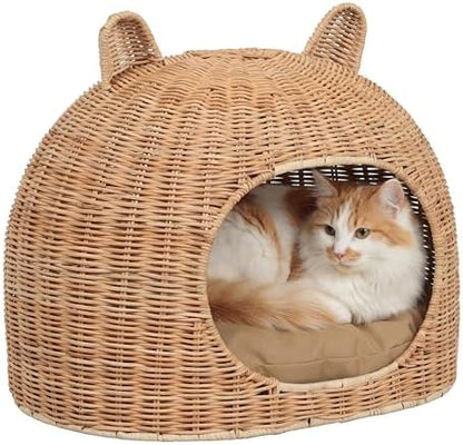 CBD1000B Cat Ear 20" x 14.5" Handwoven Water Hyacinth Pet Bed, Wicker Cat Hideaway Dome with Machine-Washable Cushion, Coastal Woven Pet House for Cats and Small Dogs, Light Brown
