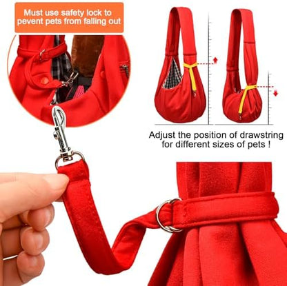 Tomkas Small Dog Cat Sling Carrier Puppy Purse Travel Wrap Soft Crossbody Pet Bag (Red, M - Zip Pocket & Classic Strap)