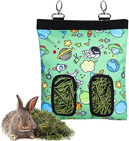 Rabbit Hay Feeder Bag Hanging Hay Rack (Pattern Green, 2 Windows)