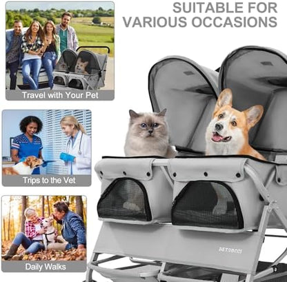 Double Pet Stroller for 2 Small Dogs & Cats, Side-by-Side Twin Travel Carriage with Safety Leashes, Mesh Windows & Double Storage Baskets, Lightweight & Foldable, 44lbs Capacity, Gray