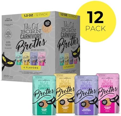 Tiki Cat Born Carnivore Broths Variety Pack, Meaty Bites, Hydration and Flavor Supplement Wet Cat Food Topper, 1.3 oz. Pouch (Pack of 48)