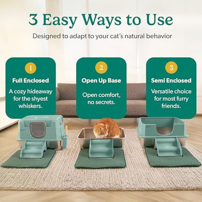PetCove IronPaws Stainless Steel Enclosed Litter Box, XL Kit, 3 in 1 Design