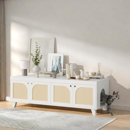 FONTOI Rattan Cat Litter Box Enclosure with Decorated Doors, Wooden Pet Washroom with Two Entrances, Double Hidden Litter House with Non-Slip Feet, Enclosure Furniture Cabinet for Two Cats