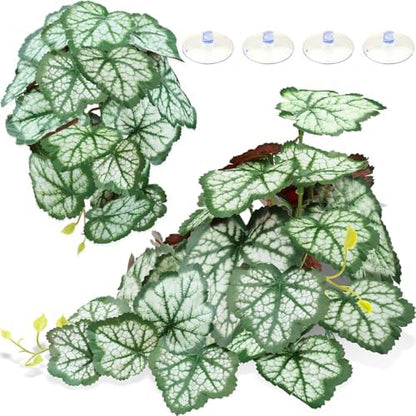 QUOZUO 2 Pack Reptile Plants for Terrarium, Artificial Leaves Habitat Decorations with Suction Cups, Terrarium Hanging Plants Vines for Bearded Dragons Lizards Snake Geckos Frogs - Green