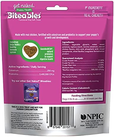 Get Naked Biteables Daily Soft Dog Treats for Puppy Health, Made with Real Chicken, Fortified with Colostrum and Probiotics to Support Puppy's Growth, Functional Soft Chews for Puppy, Grain-Free, 6oz
