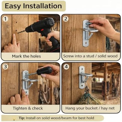 Horse Stall Bucket Hooks, Heavy Duty Metal Ring Bucket Hangers with J-Hook, Wall Mounted Water Feed Bucket Holder for Barn, Stable & Fence, Includes Screws, 4-Pack