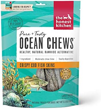 The Honest Kitchen Ocean Chews Crispy Cod Fish Skins Dog Treats, Human Grade Single Ingredient Dehydrated Fish Dog Chews for Large Dogs, High Protein Rawhide Alternative for Skin Coat, 5.5 oz