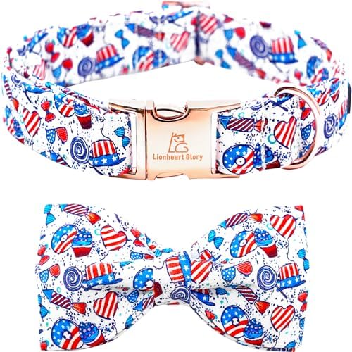 Lionheart glory American Flag Dog Collar, 4 of July Dog Bow Collar Heavy Duty Adjustable Patriotic Dog Collar with Bowtie for Large Dogs Pet Gift