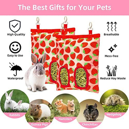 Rabbit Hay Feeder, Hanging Guinea Pig Hay Feeder Bag for Bunny Chinchilla Hamster with Back Hooks, 2 Holes, 9.8x11.4Inch