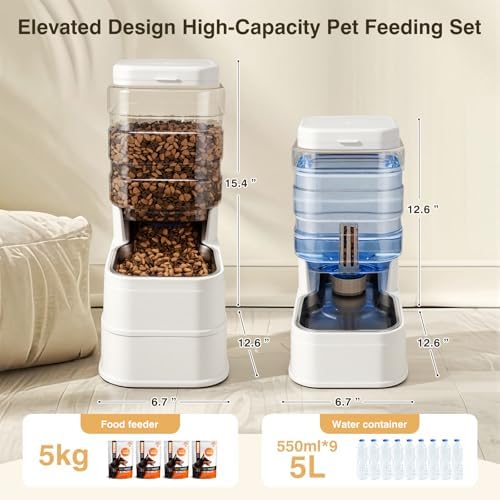 2 Pack Automatic Cat Feeder and Water Dispenser 1.3Gallon Dog Gravity Food Feeder and Water with Ice Pack Stainless Steel Dry Food and Waterer Bowl for Small Medium Large Pets (White)