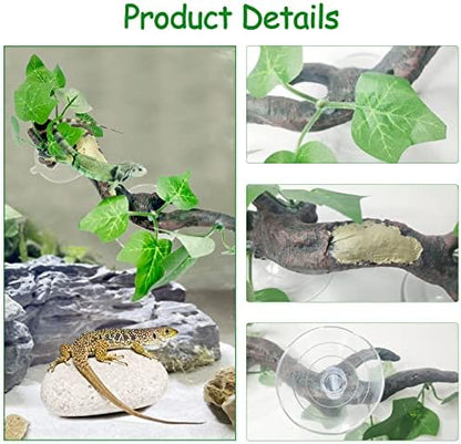 Fhiny 2 PCS Reptile Corner Branch, Resin Climb Tree Branch Decor with Leaves Tank Accessories Terrarium Plant Ornament with Suction Cup for Snake Lizard Bearded Dragons Gecko Climbing