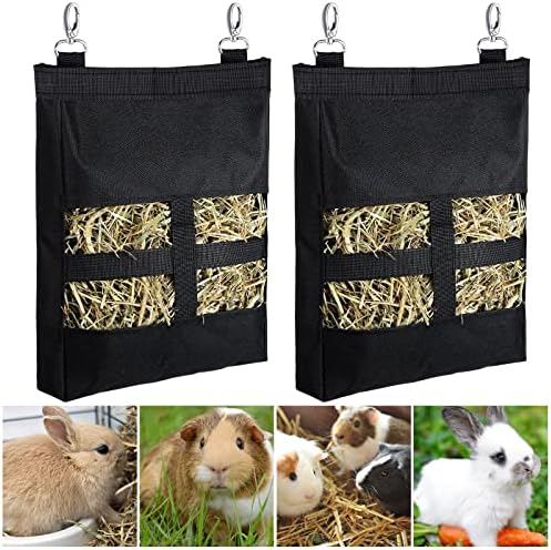 Frienda 2 Pcs Guinea Pig Hay Bag 11 x 9.1 Inch Guinea Pig Hanging Hay Feeding Bag Storage Dispenser for Chinchilla Hamster Bunny Small Animal Pet(Black)