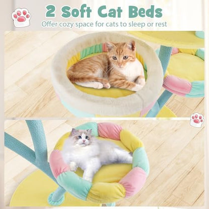 Tangkula Tall Cat Tree, 57.5 Inch Amusement Park Style Cute Cat Tower with Top Open Condo, 2 Perches, Scratching Posts & Dangling Balls, Aesthetic Cat Tree Tower for Indoor Cats Large Adult