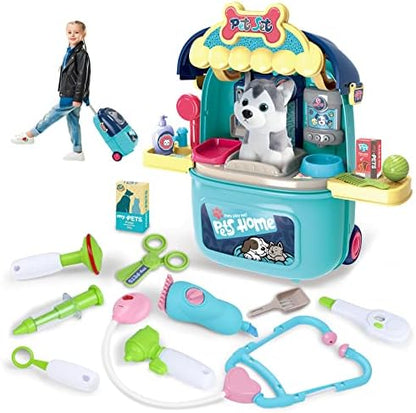 Magic4U Pet Care Carrier Suitcase Toy, 29 Pcs Veterinarian Playset for Kids