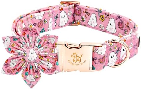 Elegant little tail Halloween Dog Collar, Pink Ghosts Print Dog Collar with Flower Puppy Collar Flower Female Cotton Adjustable Collars for Small Medium Large Dogs