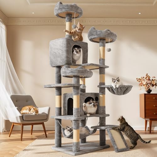 YITAHOME Tall Cat Tree for Indoor Cats, 75 inch Multi-Level Cat Tower with Cat Condos, Top Perches, Sisal Ramp Scratching Posts, Cozy Basket, Hammocks, Large Cat Pet Activity Structure, Light Gray