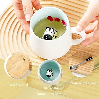 BigNoseDeer Zebra Mug Cute Mugs with 3D Zebra Inside Ceramic Coffee Mug Tea Cup with Spoon and Lid Cool Stuff Birthday Mother's Day Cute Gifts for Women Kids 12oz（Zebra）